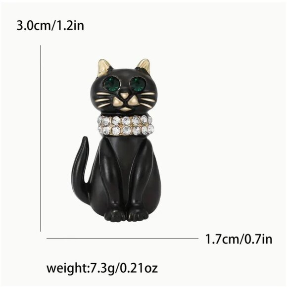 Black Cat Enamel Brooch Pin With Rhinestone Collar & Green Eyes - Picture 3 of 3